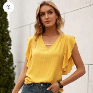 Anna-Kaci M Yellow feminine ruffle sleeves flowy V neck Blouse